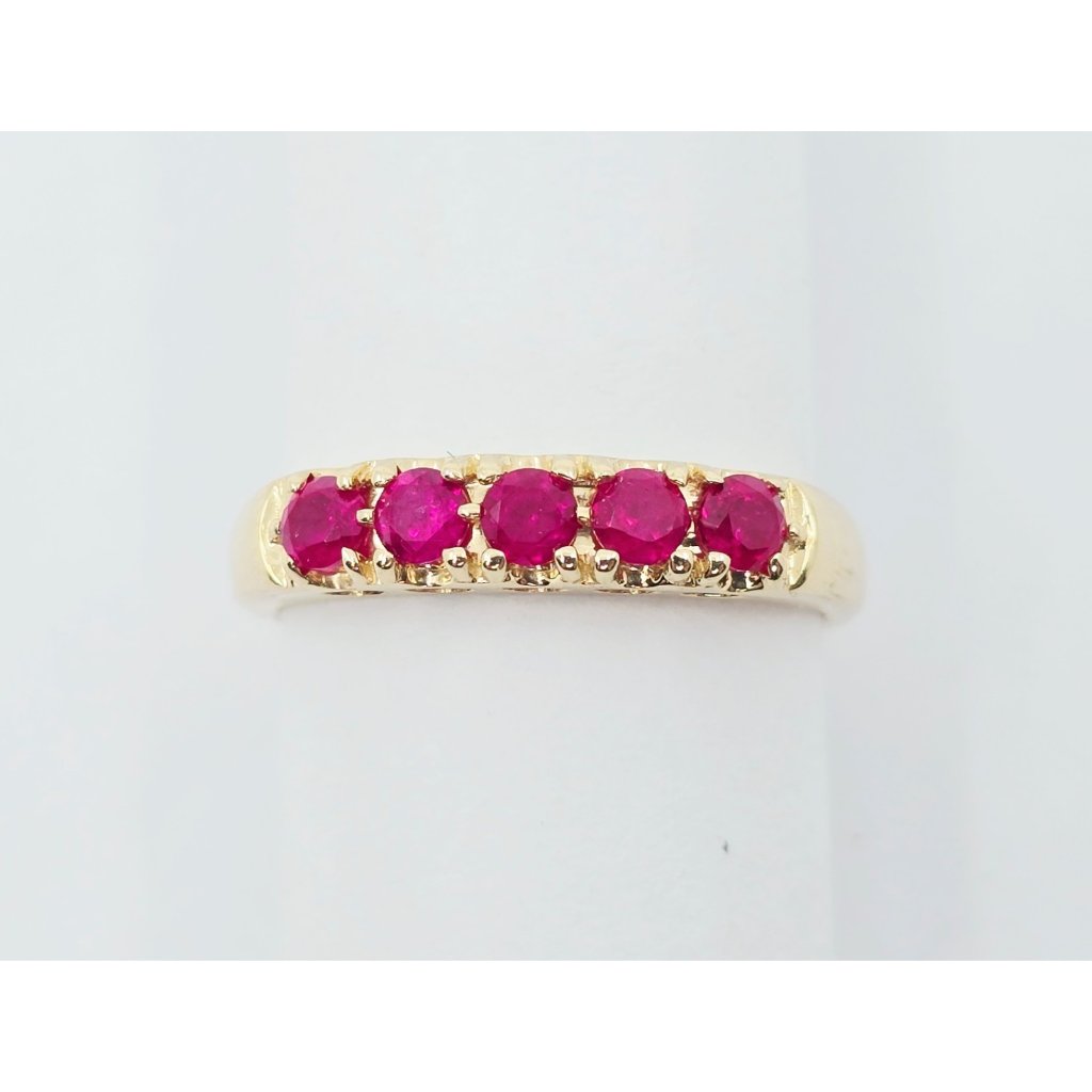 Unique 14k Solid Yellow Gold Designer Single Row 5 Ruby Stone Ring  Size 775
